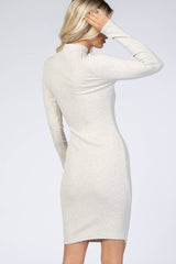 Beige Ribbed Mock Neck Fitted Dress