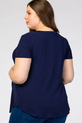 Navy Blue V-Neck Short Sleeve Maternity Plus Top