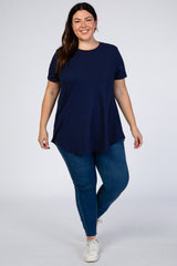 Navy Blue Round Hem Short Sleeve Plus Top