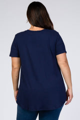 Navy Blue Round Hem Short Sleeve Plus Top