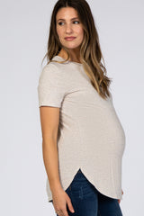 Beige Ribbed Round Hem Maternity Top