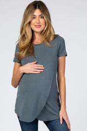 Dark Teal Layered Wrap Front Maternity Nursing Top