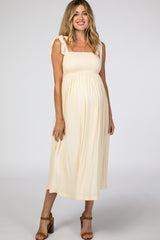 Beige Smocked Tie Strap Maternity Midi Dress