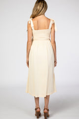 Beige Smocked Tie Strap Maternity Midi Dress