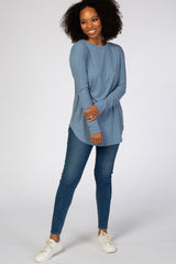 Denim Blue Long Sleeve Ribbed Top