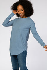 Denim Blue Long Sleeve Ribbed Top