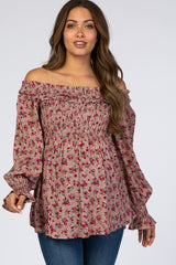 Mauve Floral Off Shoulder Long Sleeve Maternity Top