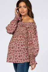 Mauve Floral Off Shoulder Long Sleeve Maternity Top