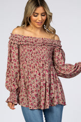 Mauve Floral Off Shoulder Long Sleeve Top