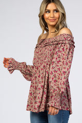 Mauve Floral Off Shoulder Long Sleeve Top