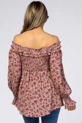 Mauve Floral Off Shoulder Long Sleeve Top