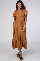 Camel Smocked V-Neck Midi Dress