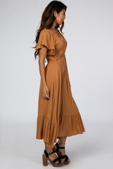 Camel Smocked V-Neck Midi Dress