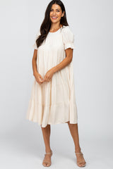 Beige Pleated Ruffle Tier Midi Dress