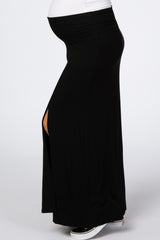 Black Foldover Side Slit Maternity Maxi Skirt