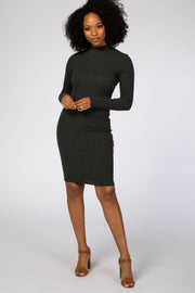 Charcoal Ribbed Mock Neck Fitted Dress