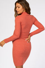 Rust Ribbed Mock Neck Fitted Maternity Dress