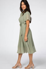 Light Olive Leaf Print Pleated Midi Dress