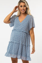 Blue Feather Print Tiered Maternity Dress