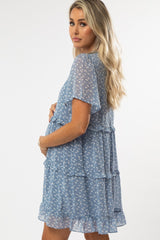 Blue Feather Print Tiered Maternity Dress