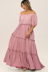 Mauve Off Shoulder Ruffle Tiered Maternity Maxi Dress