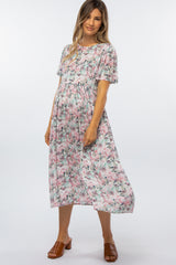 Pink Floral Pleated Maternity Midi Dress