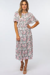 Pink Floral Pleated Maternity Midi Dress