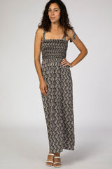 Black Leaf Print Shoulder Tie Maternity Maxi Dress