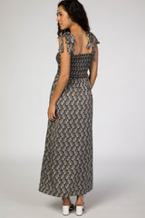 Black Leaf Print Shoulder Tie Maxi Dress