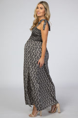 Black Leaf Print Shoulder Tie Maternity Maxi Dress