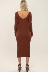 Mocha V-Neck Long Sleeve Fitted Maternity Maxi Dress