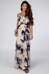 Taupe Navy Floral Off Shoulder Maternity Maxi Dress