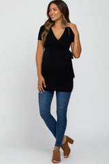 Black Wrap Front Tie Maternity/Nursing Top