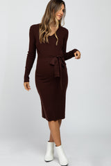 Brown Tie Front Maternity Sweater Midi Dress