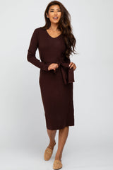 Brown Tie Front Maternity Sweater Midi Dress