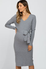 Heather Grey Tie Front Maternity Sweater Midi Dress