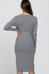 Heather Grey Tie Front Maternity Sweater Midi Dress