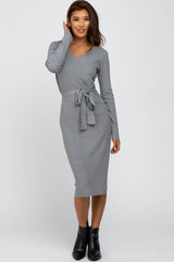 Heather Grey Tie Front Maternity Sweater Midi Dress