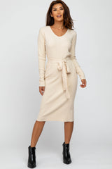 Beige Tie Front Maternity Sweater Midi Dress