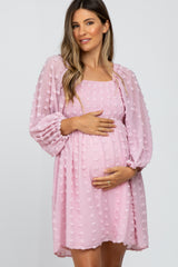 Pink Textured Dot Smocked Square Neck Chiffon Maternity Dress