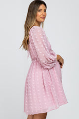 Pink Textured Dot Smocked Square Neck Chiffon Maternity Dress