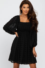 Black Textured Dot Smocked Square Neck Chiffon Dress