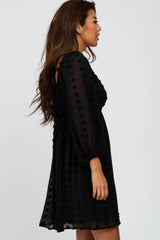 Black Textured Dot Smocked Square Neck Chiffon Dress