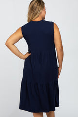 Navy Ribbed Sleeveless Plus Maternity Midi Dress