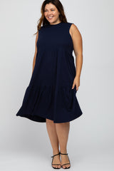 Navy Ribbed Sleeveless Plus Maternity Midi Dress