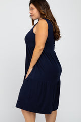 Navy Ribbed Sleeveless Plus Midi Dress