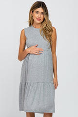 Heather Grey Ribbed Sleeveless Maternity Midi Dress