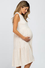 Beige Ribbed Sleeveless Maternity Midi Dress