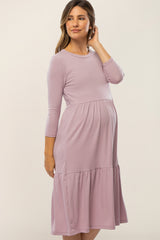 Lavender Tiered Ribbed 3/4 Sleeve Maternity Midi Dress