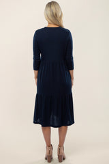 Navy Tiered Ribbed 3/4 Sleeve Maternity Midi Dress